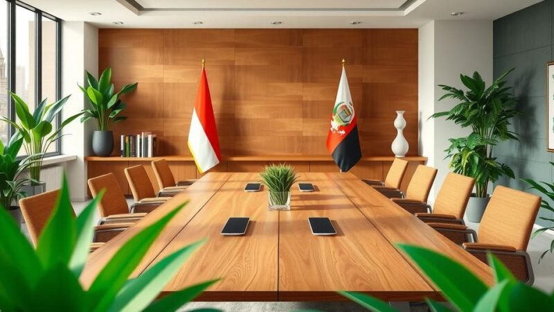 A vibrant meeting room with plants, flags, and a modern table, reflecting collaboration in agrarian development.