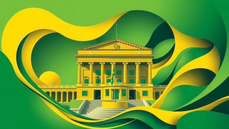 Brazil Senate voting on new fiscal rules with abstract flowing shapes in shades of green and yellow, symbolizing governance.