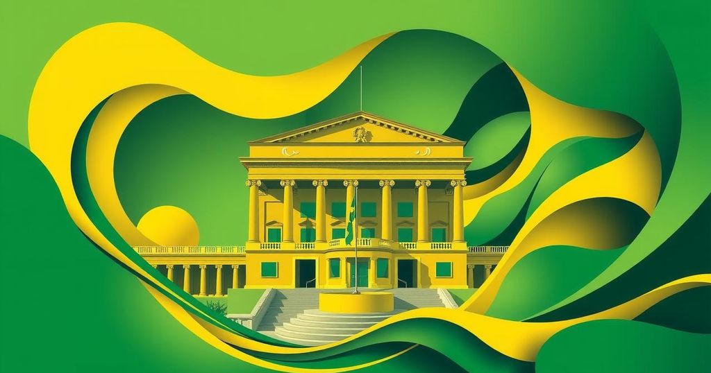 Brazil Senate voting on new fiscal rules with abstract flowing shapes in shades of green and yellow, symbolizing governance.