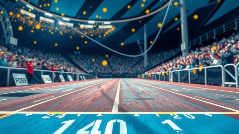 Athletic track with a record-breaking race scene, featuring a blurred finish line, in dark blue and gold shades.