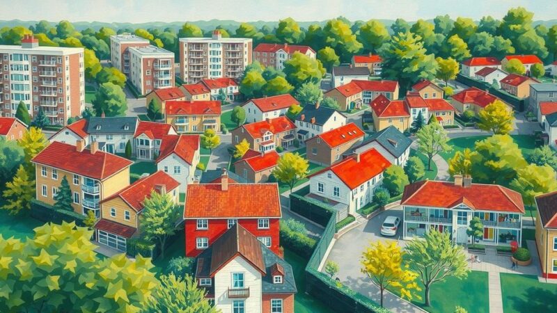 A cityscape depicting vibrant neighborhoods facing transformation, with modern architecture and green parks under a blue sky.