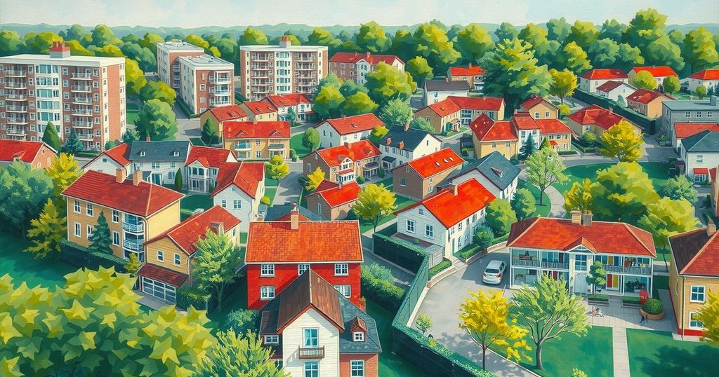 A cityscape depicting vibrant neighborhoods facing transformation, with modern architecture and green parks under a blue sky.